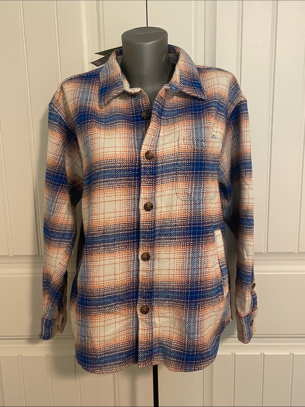 Blue and Cream Plaid Button-Down Shirt with side pockets